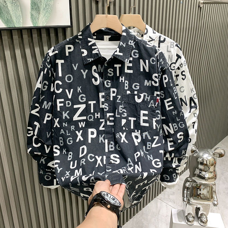 Letter Printed Cotton Long Sleeve Shirt