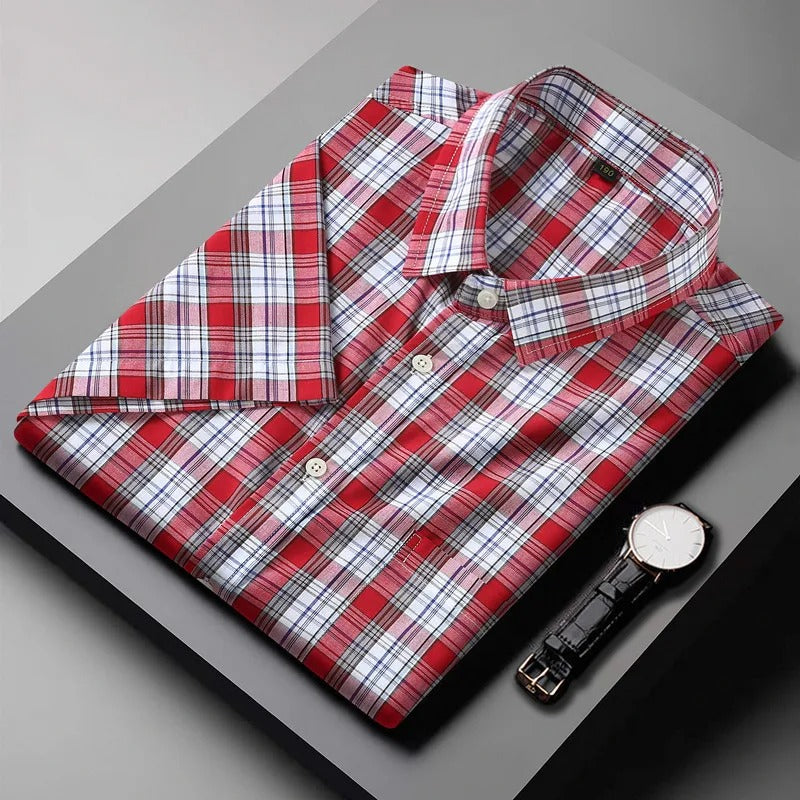 Short-Sleeved Red and White Plaid Shirt